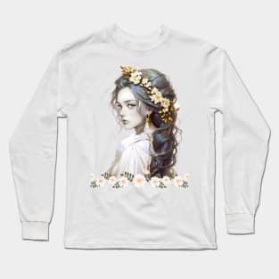 a girl with long hair and flowers in her hair Long Sleeve T-Shirt